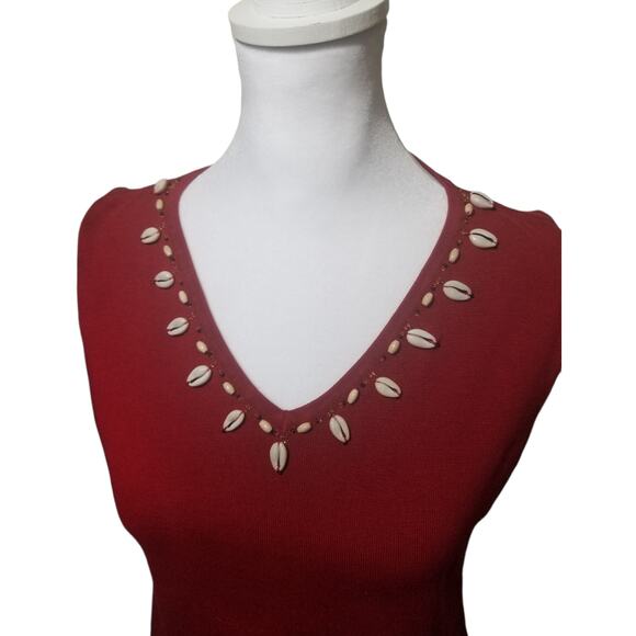 VNTG Dress Barn Red Spun Silk Blend Tank Top Size 10 Seashell Trim Nautical - Picture 9 of 9